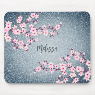 Grayish Blue Glitter Cherry Blossom Monogram Muismat