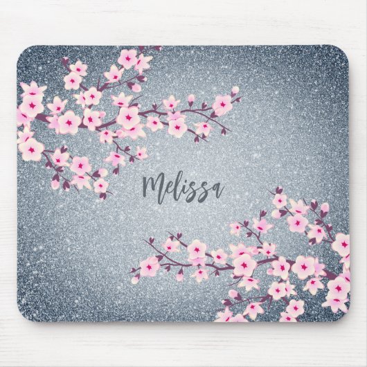 Grayish Blue Glitter Cherry Blossom Monogram Muismat (Voorkant)