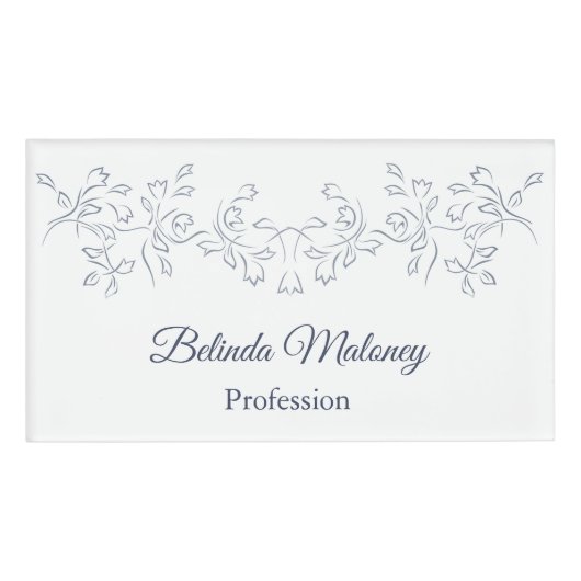Grayish Blue White Floral Border Naambadge (Voorkant)