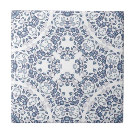 Grayish Blue White Floral Mandala Tegeltje (Voorkant)