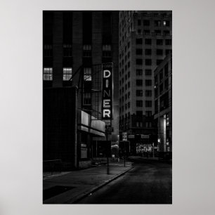 GRAYSCALE FOTO VAN PEARL DINER SIGN IN STAD POSTER