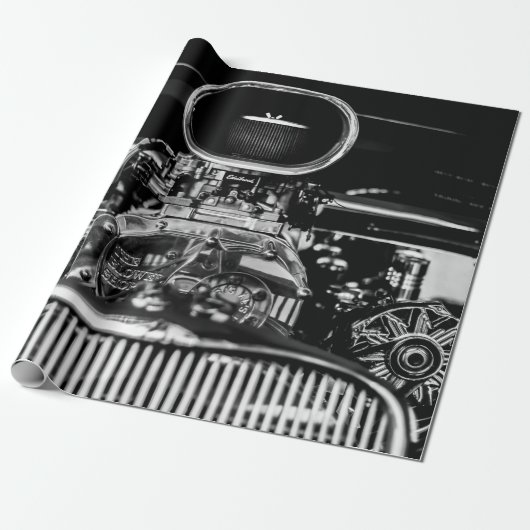 GRAYSCALE FOTOGRAFIE VAN DE VINTAGE-AUTOMOTOR CADEAUPAPIER (Uitgerold)