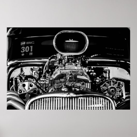 GRAYSCALE FOTOGRAFIE VAN DE VINTAGE-AUTOMOTOR POSTER (Voorkant)