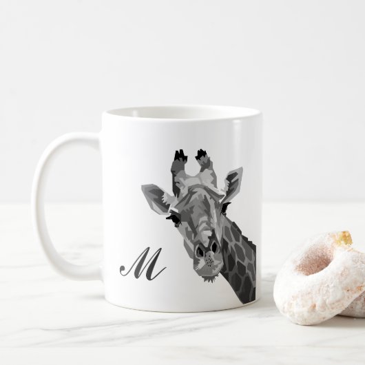 Grayscale Giraffe Pop Art Monogram koffie Mok (Met donut)