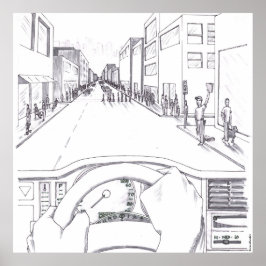 Grayscale Illustration Point of View of Driving Poster