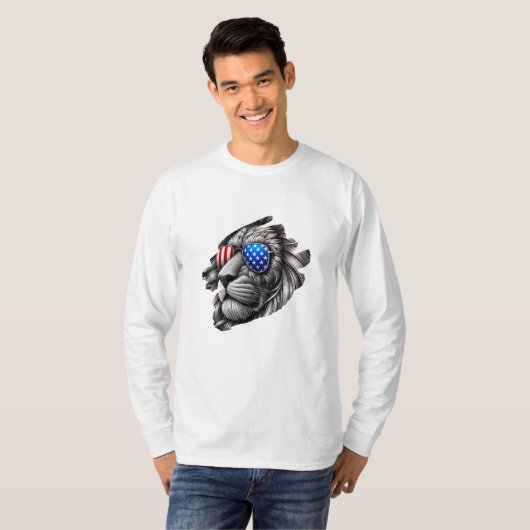 Grayscale Lion Art met Amerikaanse vlag zonnebril T-shirt (Voorkant volledig)