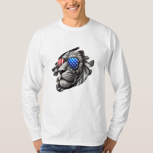 Grayscale Lion Art met Amerikaanse vlag zonnebril T-shirt (Voorkant)