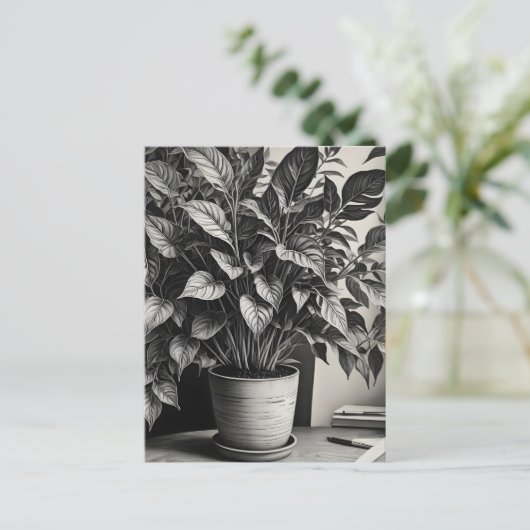 Grayscale pot plant met enorme bladeren briefkaart (Staand voorkant)