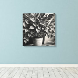 Grayscale pot plant met enorme bladeren canvas afdruk