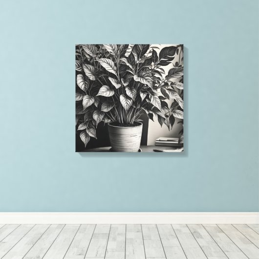 Grayscale pot plant met enorme bladeren canvas afdruk (Insitu (Houten vloer))