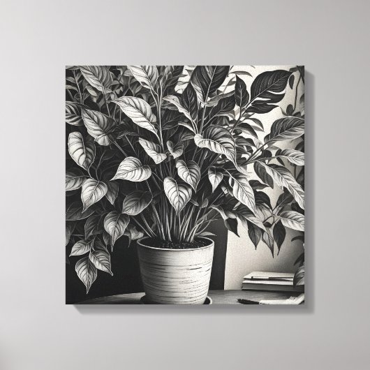 Grayscale pot plant met enorme bladeren canvas afdruk (Voorkant)