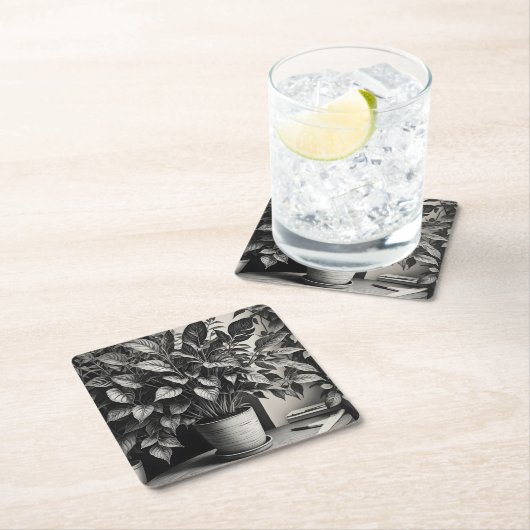 Grayscale pot plant met enorme bladeren kartonnen onderzetters (Insitu)