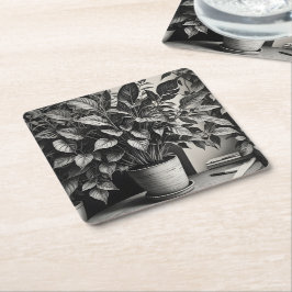 Grayscale pot plant met enorme bladeren kartonnen onderzetters