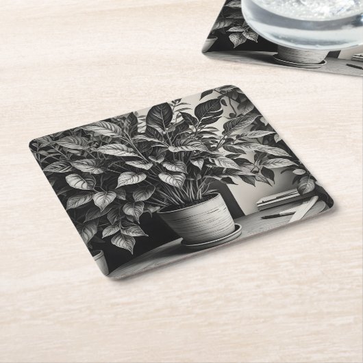 Grayscale pot plant met enorme bladeren kartonnen onderzetters (Schuin)