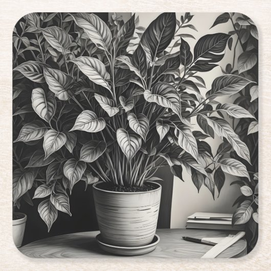Grayscale pot plant met enorme bladeren kartonnen onderzetters (Voorkant)