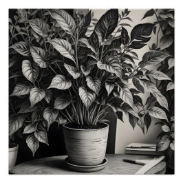 Grayscale pot plant met enorme bladeren perfect poster