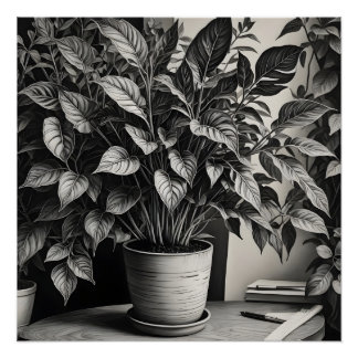 Grayscale pot plant met enorme bladeren perfect poster