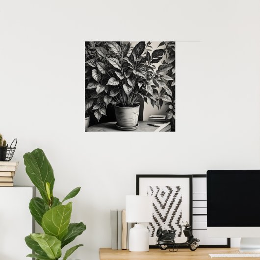 Grayscale pot plant met enorme bladeren poster (Thuiskantoor)