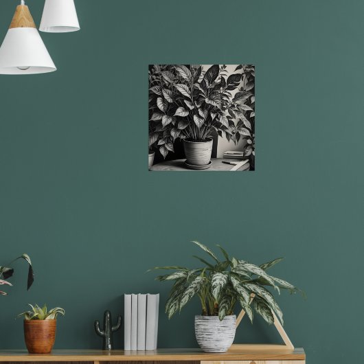 Grayscale pot plant met enorme bladeren poster (Woonkamer 1)
