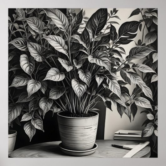 Grayscale pot plant met enorme bladeren poster (Voorkant)