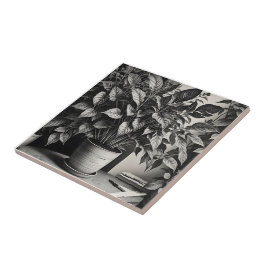 Grayscale pot plant met enorme bladeren tegeltje