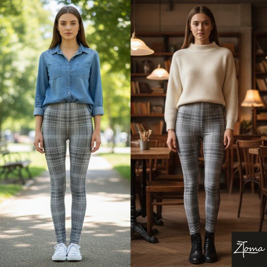 Grayscale Repeating Medium-Scale Plaid Texture Leggings