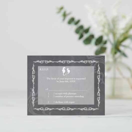 Grayscale Seahorse Beach Wedding RSVP (Staand voorkant)