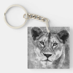 Grayscale Vrouw Lion Digital Art Sleutelhanger