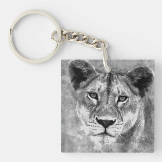 Grayscale Vrouw Lion Digital Art Sleutelhanger (Voorkant)