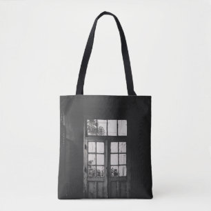 GRAYSCHAALFOTO VAN HOUTTEN MET KRACHTIGE GLASDEUR TOTE BAG