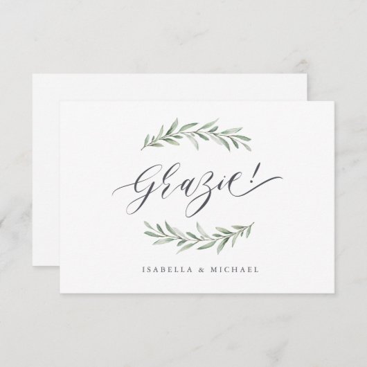 Grazie! Eenvoudige kalligrafie rustiek groen Bedankkaart (Voorkant / Achterkant)