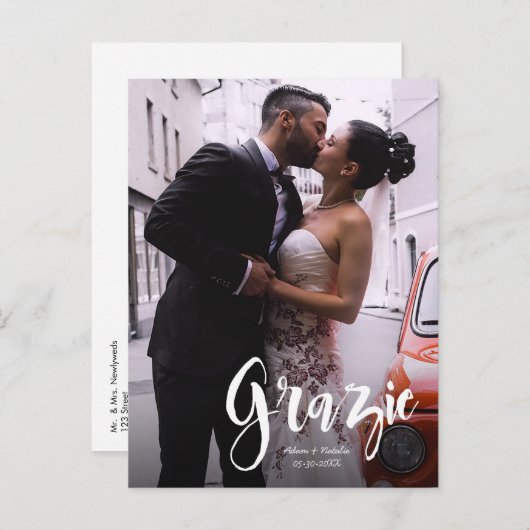 Grazie, Modern, Script ・ Foto, Namen en datum Aankondigingskaart (Voorkant / Achterkant)