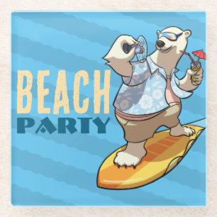Grazige surfende ijsbeer strandfeest cartoon glazen onderzetter
