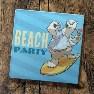 Grazige surfende ijsbeer strandfeest cartoon glazen onderzetter