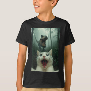 Grazige witte kat selfie met T-rex dinosaurus, kat T-shirt