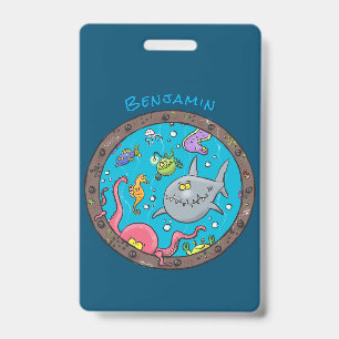 Grazige zeewezens onderwater cartoon tekening badge