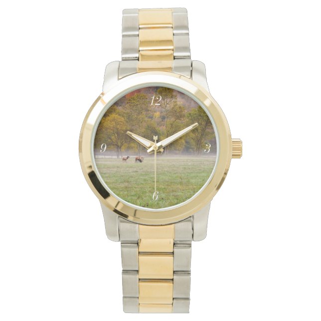 Grazing Elk Paar Goud en Zilver Horloge (Voorkant)