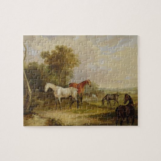Grazing van paarden: Een grijze Stallion met Mares Legpuzzel (Horizontaal)