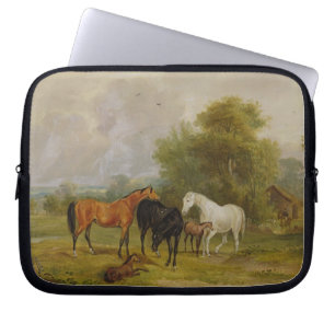 Grazing van paarden: Mares and Foals in a Field (o Laptop Sleeve