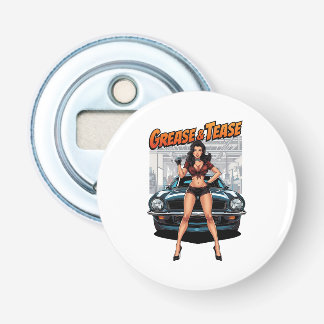 Grease & Tease – Pin-Up Girl met hete auto's Button Flesopener
