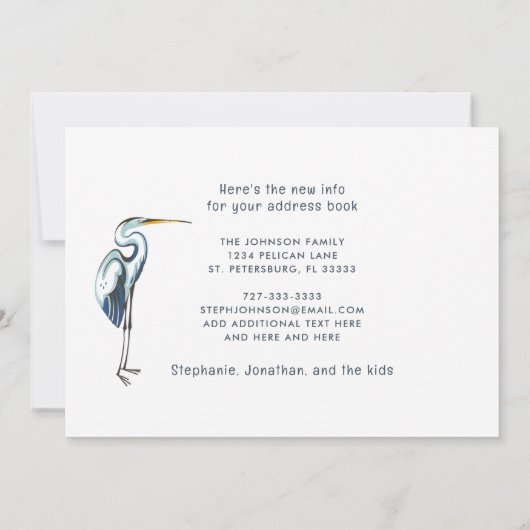 Great Blue Heron Beach Scene Nieuw Adres Aankondiging (Achterkant)