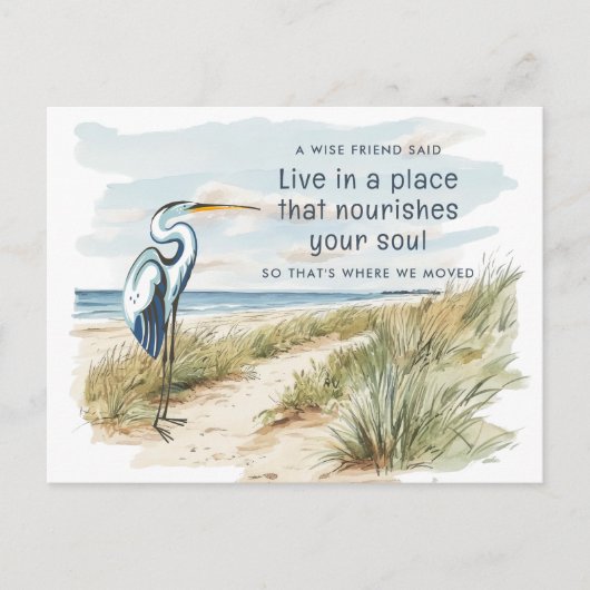 Great Blue Heron Beach Scene Nieuw Adres Aankondigingskaart (Voorkant)