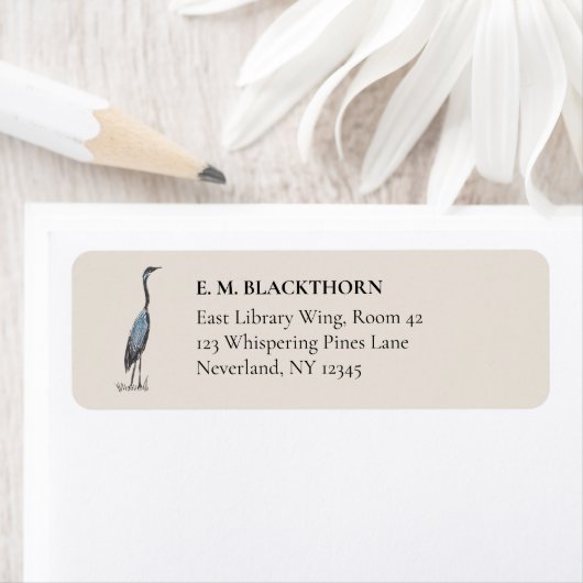 Great Blue Heron Hand-Drawn Victorian Address Etiket (Insitu)