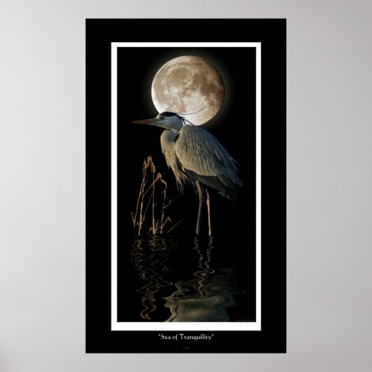 Great Blue Heron, Reeds en Moon Art-afdrukken Poster (Voorkant)