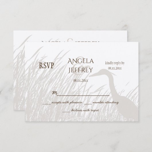 Great Blue Heron silhouette rustige bruiloft RSVP (Voorkant / Achterkant)