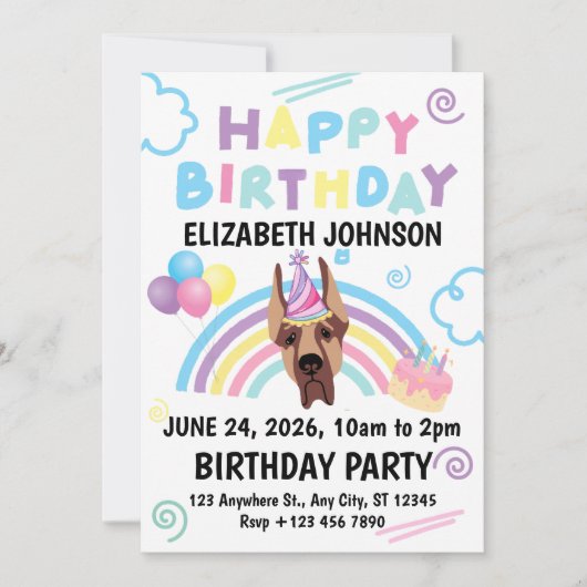 Great Dane Birthday Invitation in White Kaart (Voorkant)