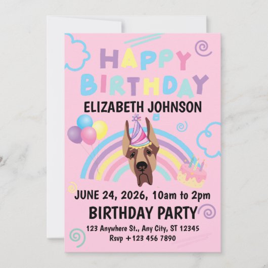 Great Dane Birthday Party Invitation Pink Kaart (Voorkant)