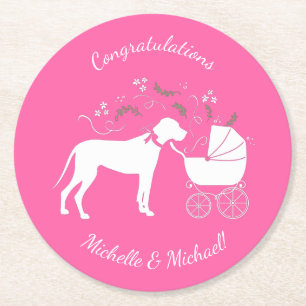 Great Dane Dog Baby shower Puppy Pink Girl Ronde Kartonnen Onderzetter