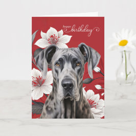 Great Dane Dog Birthday White Lilies on Red Kaart