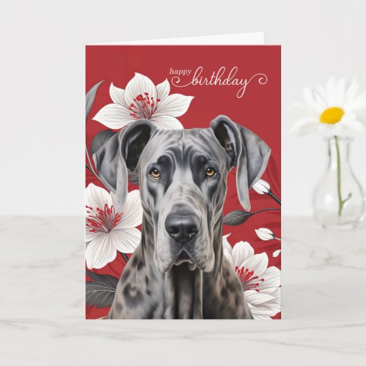 Great Dane Dog Birthday White Lilies on Red Kaart (Kleine Plant)